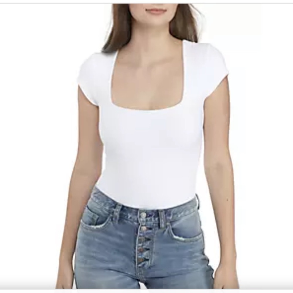 Free People white square neck bodycon bodysuit classic stretch / thong cap slv S